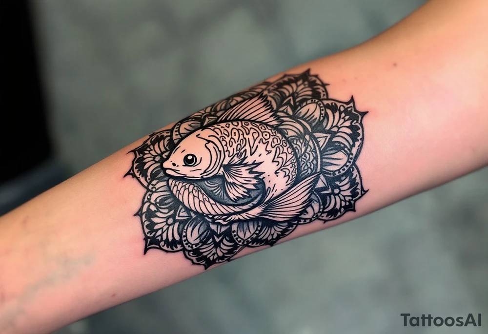 Catfish in a Mandala – A catfish curled within a black and gray mandala, symbolizing balance, persistence, and adaptability. tattoo idea