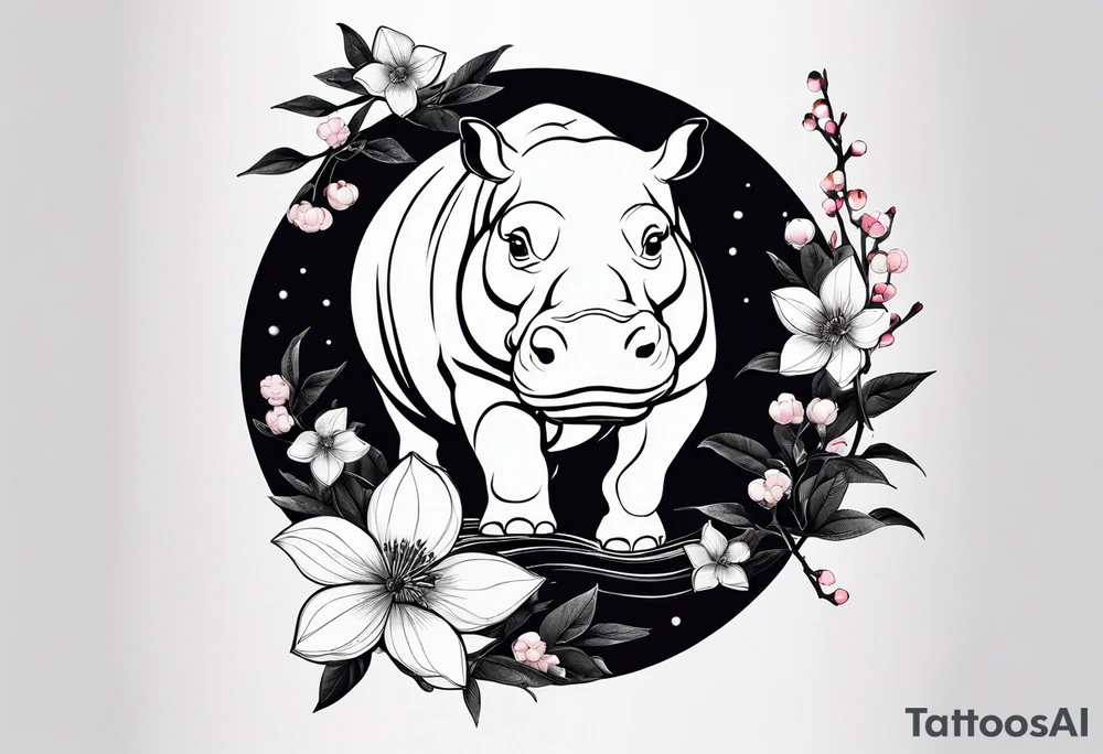 Asymmetrical, geometric, chinese ink art touch, hippo , full moon, wintersweet flower, light , modify from my favourite, ratio 9:16 tattoo idea