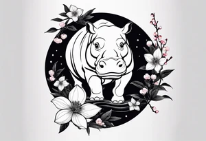 Asymmetrical, geometric, chinese ink art touch, hippo , full moon, wintersweet flower, light , modify from my favourite, ratio 9:16 tattoo idea