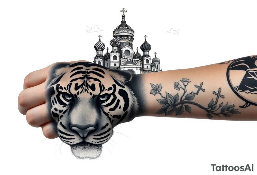 Realistic tiger face on the back of the hand with strong contrast and fine detail with all black eyes. then a highly detailed Russian Orthodox cathedral sitting above on the top fore arm with onion domes and orthodox crosses, done in fine line, engraving-like style. Cohesive composition, black ink only, no color, high contrast, slightly aged, documentary-style, plain light background. with clouds above and a virgin mary tattoo idea