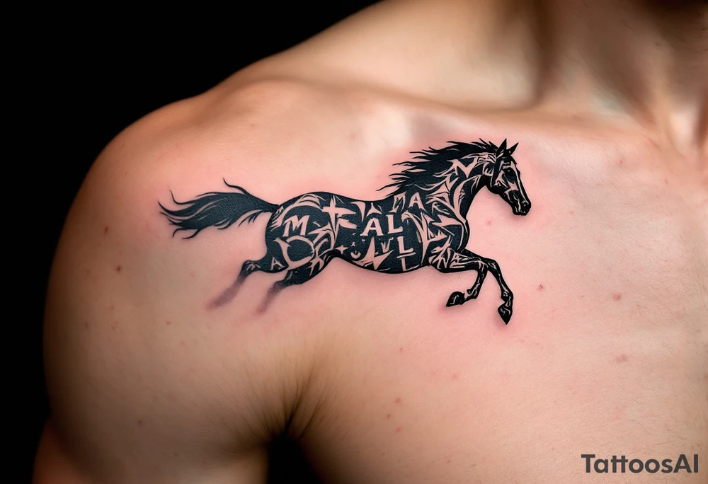horse silhouette 
from the front which gallops from the front, with the 3 small letters discreetly integrated: M, A, L tattoo idea