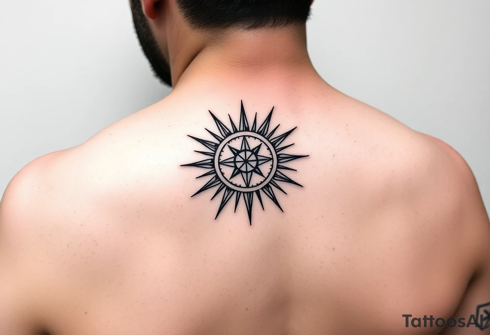 minimal line design for inner forearm. Add a sun with rays that is also a compass with a bit of abstract lines coming down and circling around tattoo idea