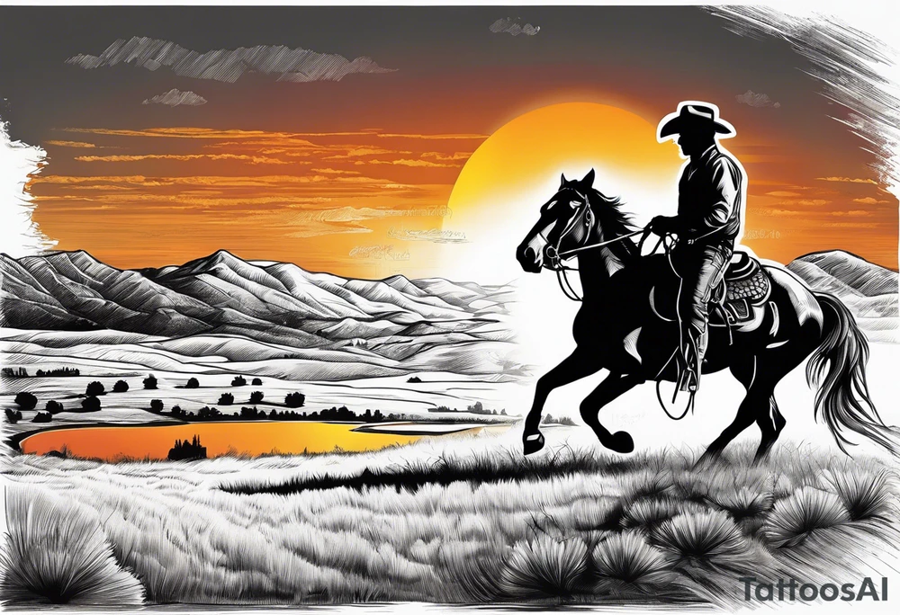 Cowboy on a horse riding in the sunset silhouette tattoo idea