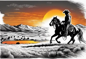 Cowboy on a horse riding in the sunset silhouette tattoo idea