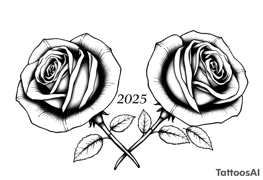 two big beautiful roses with their stems intertwined, separated by "2025" noted between them tattoo idea