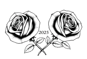 two big beautiful roses with their stems intertwined, separated by "2025" noted between them tattoo idea