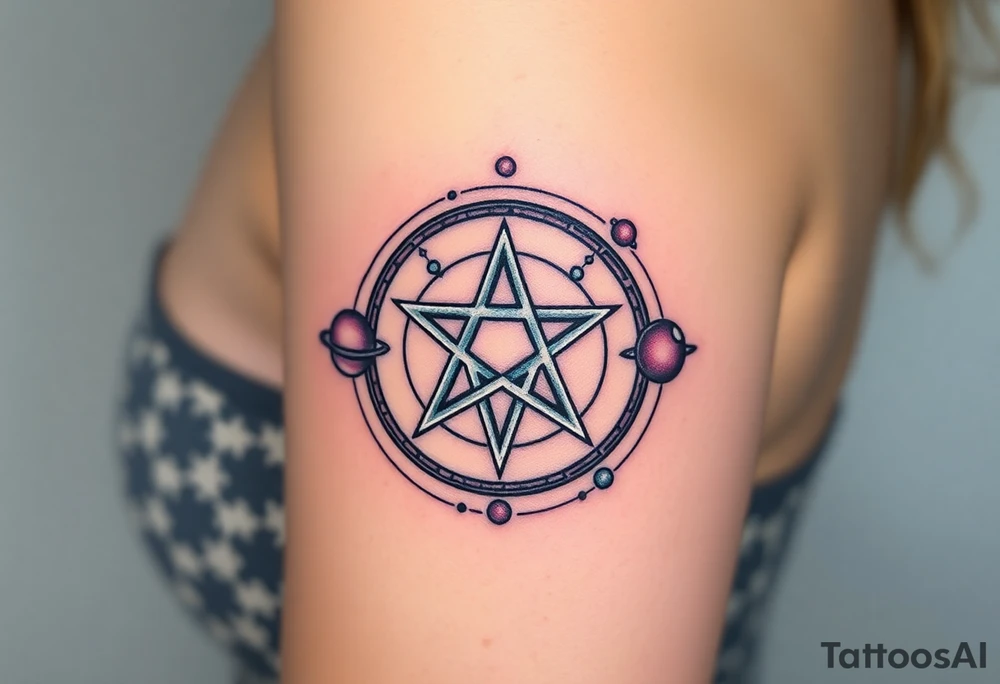 A silver pentagram surrounded by planetary orbits, each planet glowing in soft celestial hues. tattoo idea