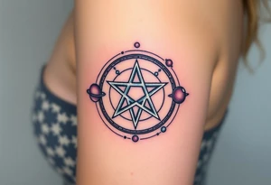 A silver pentagram surrounded by planetary orbits, each planet glowing in soft celestial hues. tattoo idea