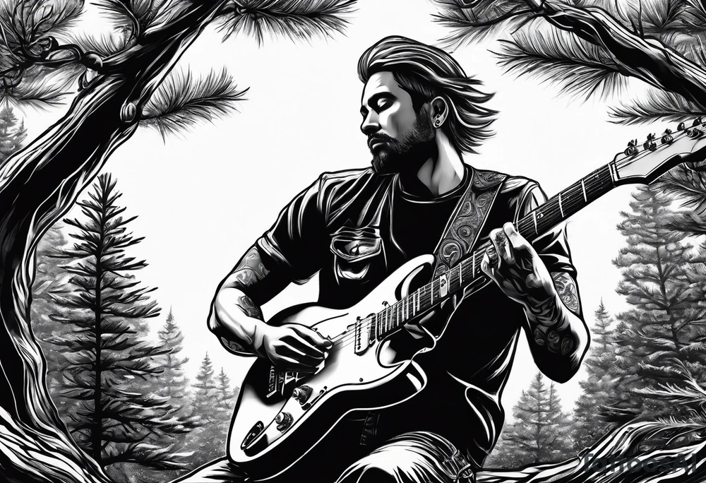 man playing electric guitar while sitting in a pine tree. simple tattoo idea