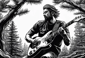 man playing electric guitar while sitting in a pine tree. simple tattoo idea
