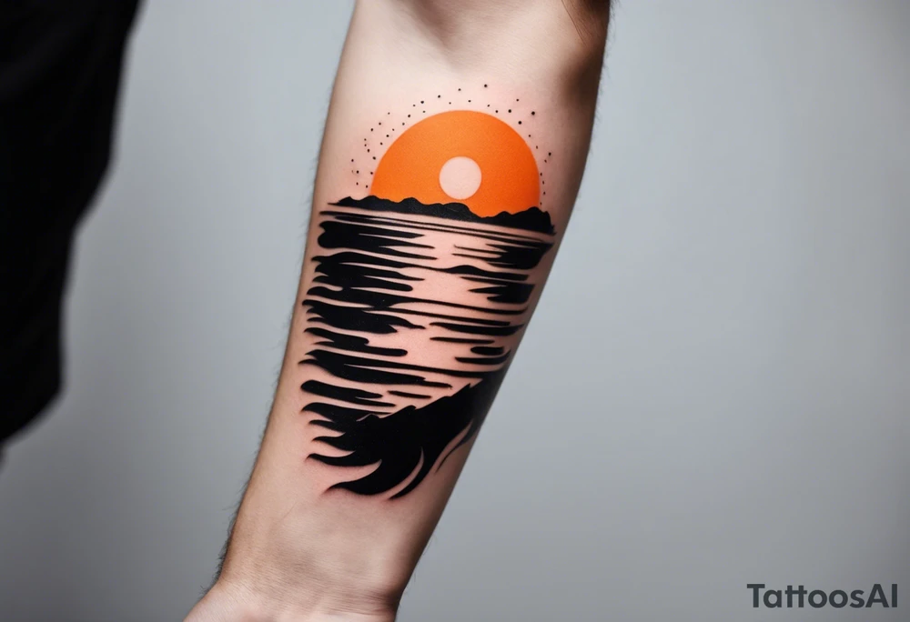 This is an extremely simple and minimalistic tattoo on male forearm. It is black and white with minuscule splashes of orange from the sun. The tattoo 4 inches wide by 2 inches tall. From the perspective of being on the ocean, Water is calm, with no waves in sight, the sun is setting behind the ocean, reflecting light onto the water. The water has shading. tattoo idea