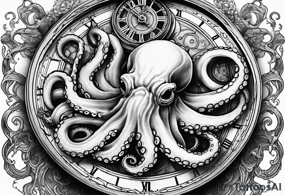 Octopus attacking an old pocket watch with his tentacles tattoo idea