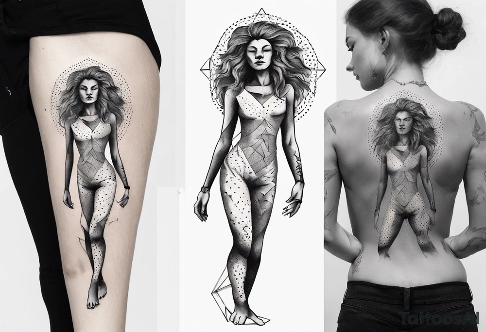Delicate Black and white tattoo with a woman (entire body) dancing. showing that a lion (only head) is shadowing her. Use triangles and dot work tattoo idea