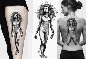Delicate Black and white tattoo with a woman (entire body) dancing. showing that a lion (only head) is shadowing her. Use triangles and dot work tattoo idea