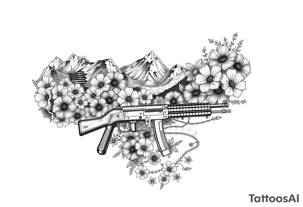 Nature mountains birth flowers, car parts guns American flag river tattoo idea