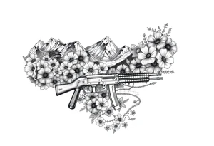 Nature mountains birth flowers, car parts guns American flag river tattoo idea