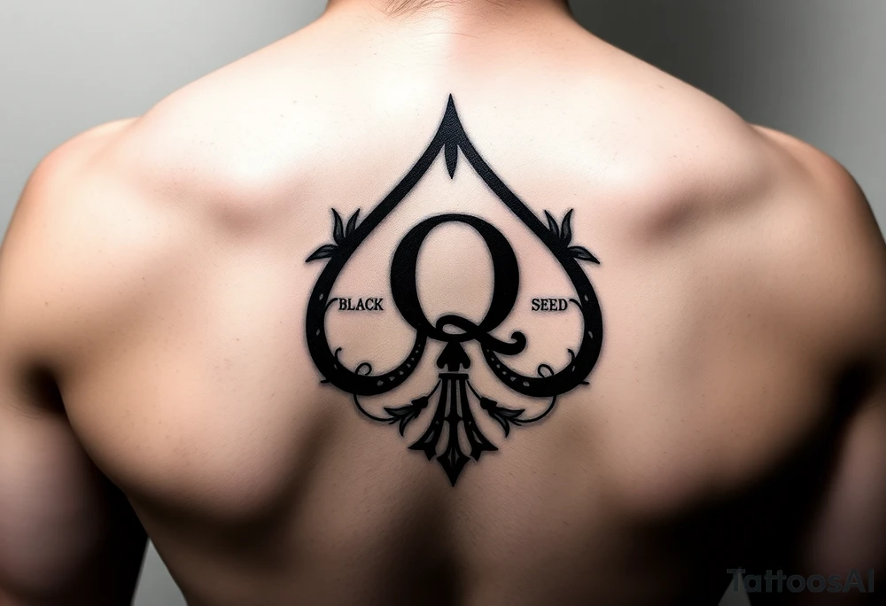 A spade womb tattoo with a Q in the center, with three points around the outside. The first reading, "BLACK". The second reading, "SEED". The third reading, "ONLY". tattoo idea