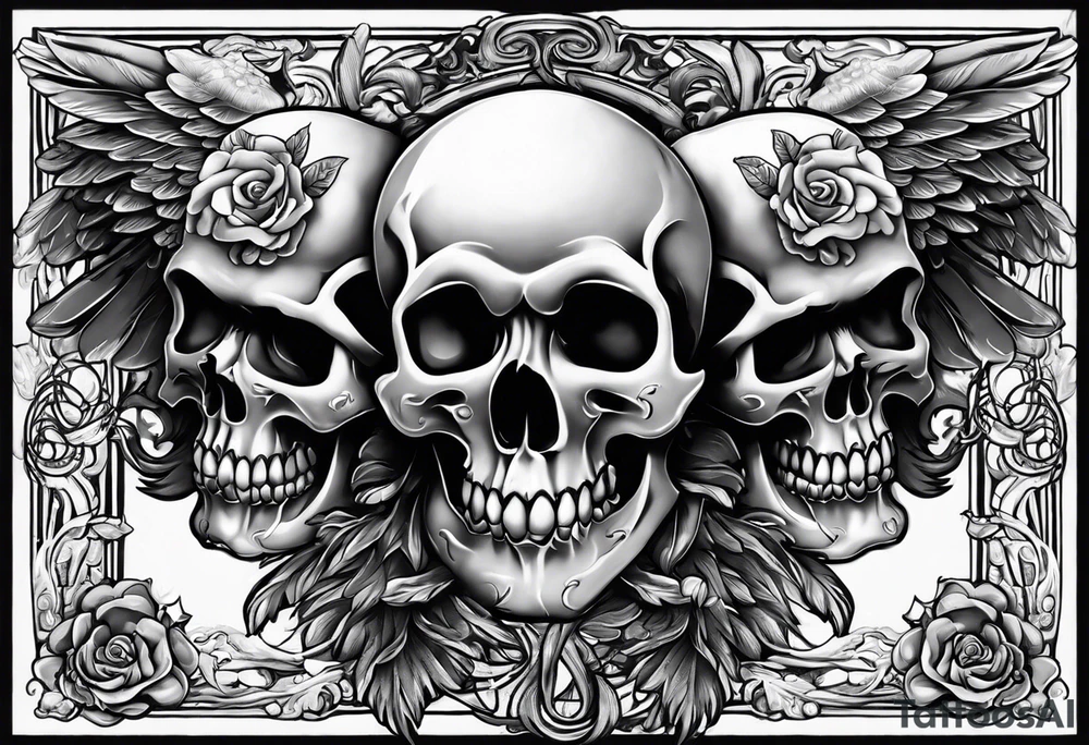 See no evil hear no evil speak no evil  skulls go down the back with angel wings wrapped around the skulls tattoo idea