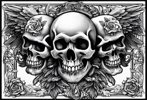 See no evil hear no evil speak no evil  skulls go down the back with angel wings wrapped around the skulls tattoo idea