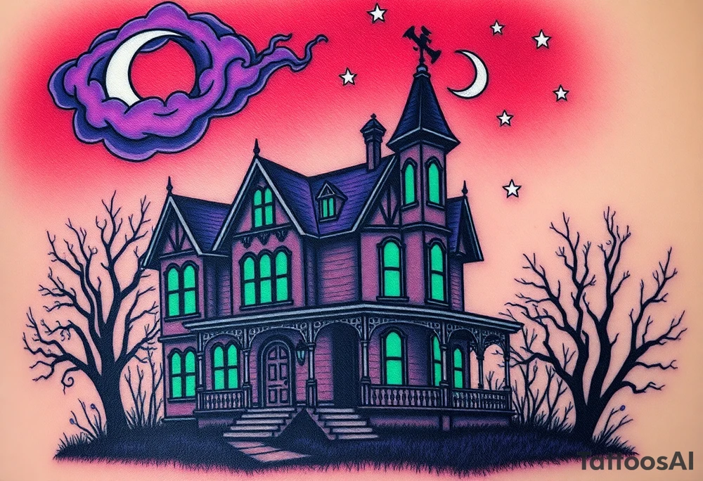 Tim Burton’s haunted victorian home is abandoned and dripping with muted reds, dusty pinks, and eerie green glow.purple and cyan smokey clouds swirl in the crescent moonlit sky thats sprinkled with stars tattoo idea tattoo idea