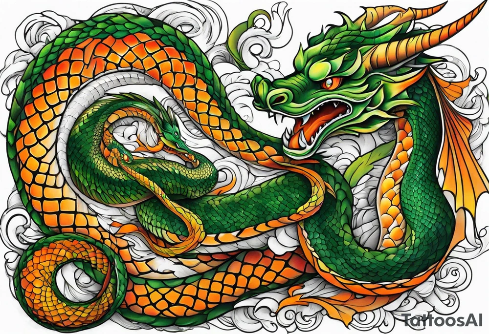 Snake dragon green orange tattoo idea