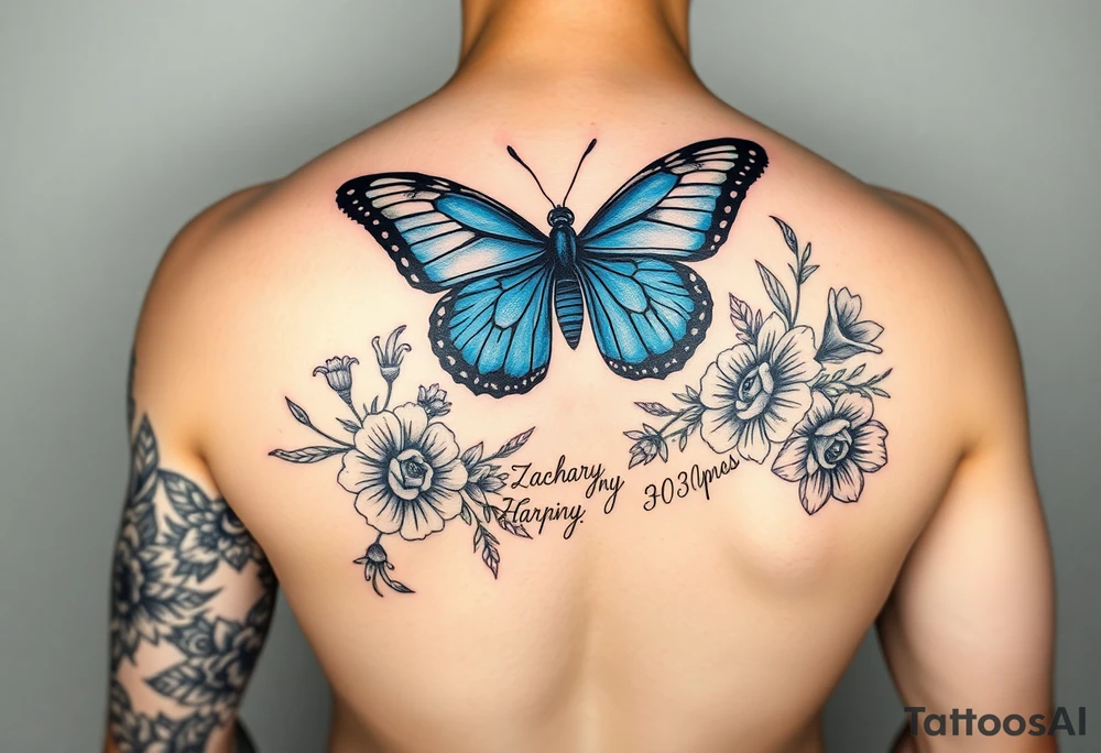 Sleeve/ floral with vines roses and daises large bright blue monarch in center of forearm with floral extending from wrist to mid bicep children’s names written with vines “ amber, Zachary, Justin, Harper, Vivian “ tattoo idea