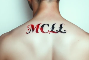 realistic tattoo design of "MCL" on upper left  side of chest, shaded to look as if tattoo was carved into the skin, red and black tattoo idea