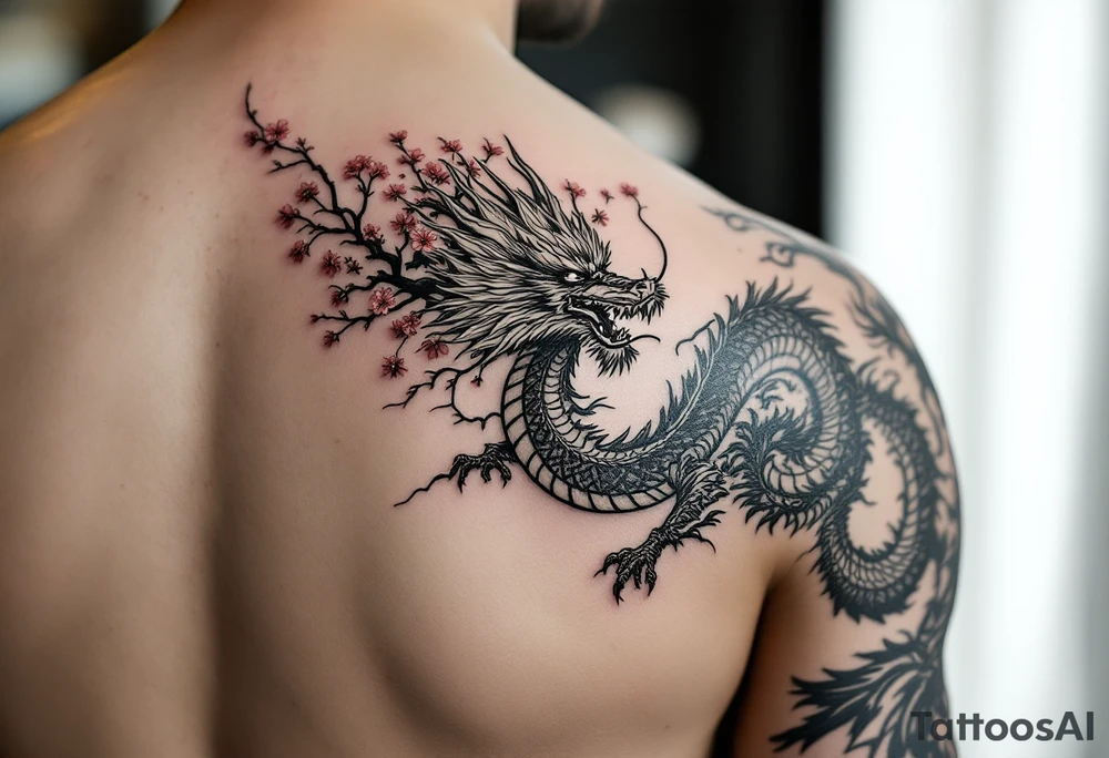 forearm sleeve tattoo, a dragon with a sakura tree tattoo idea forearm sleeve tattoo, a dragon with a sakura tree tattoo idea