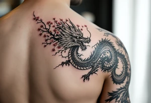 forearm sleeve tattoo, a dragon with a sakura tree tattoo idea