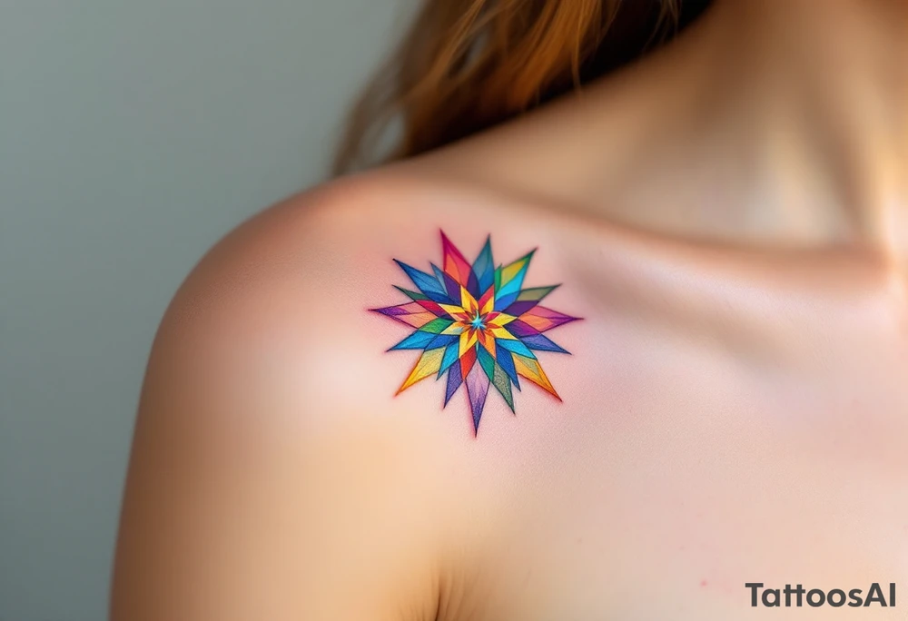 A rainbow-colored eight-pointed star tattoo celebrates inclusivity and universal love. tattoo idea