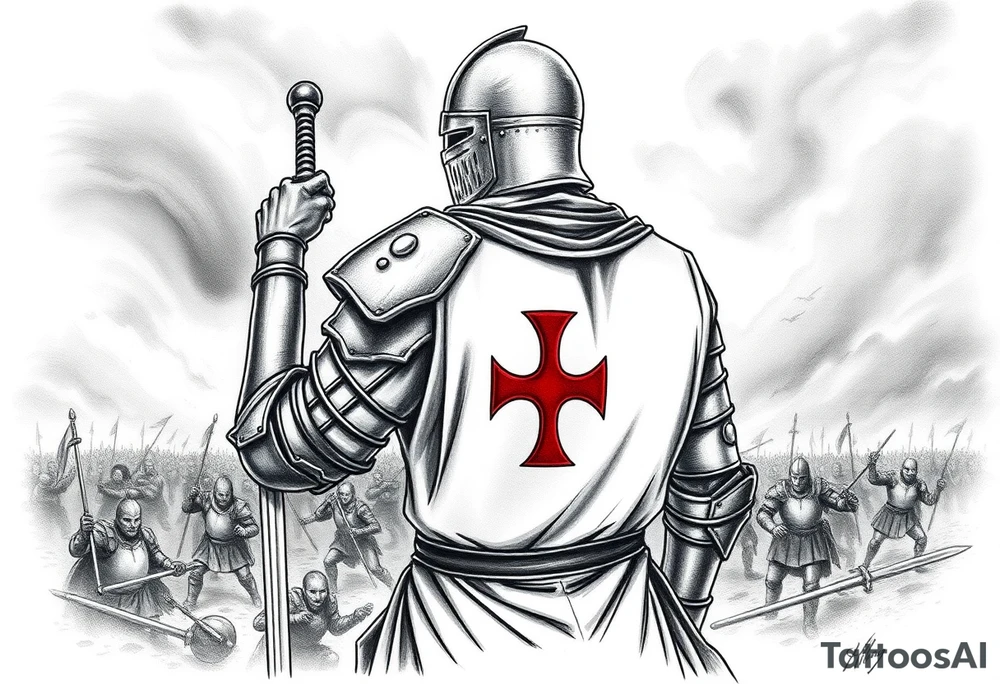 A fierce Templar knight in full armor, gripping a longsword, with a red cross emblazoned on his white tunic, standing against a stormy battlefield. tattoo idea