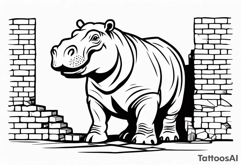 Hippopotamus standing upright and laying bricks onto a partially built brick wall tattoo idea
