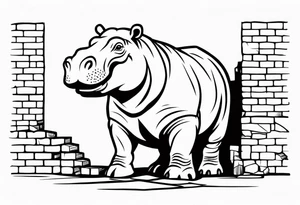 Hippopotamus standing upright and laying bricks onto a partially built brick wall tattoo idea