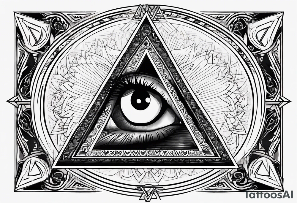 triangle tattoo with eye inside in arabic letters. Inside the iris create a clock. the pupil loophole. tattoo idea