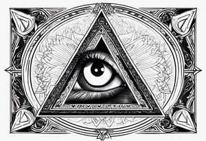 triangle tattoo with eye inside in arabic letters. Inside the iris create a clock. the pupil loophole. tattoo idea