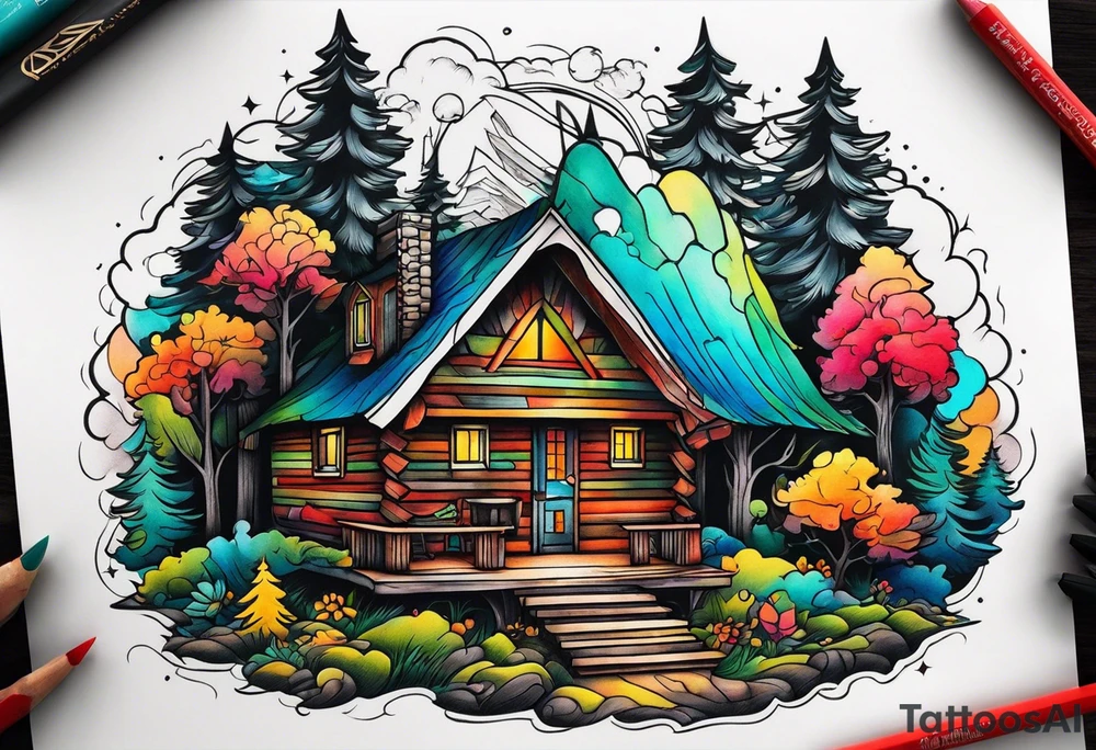 small cabin in the woods tattoo idea