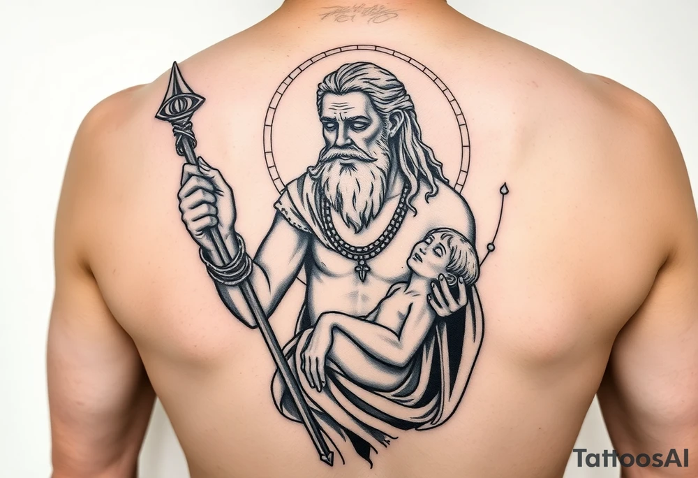a tattoo design of the Greek God Saturn but older and nearly dying holding a spear with the astrology Saturn symbol as the spear head, in his other arms cradling a twin dying younger version of himself. The gemini constellation is in the background behind the Saturn Gods tattoo idea