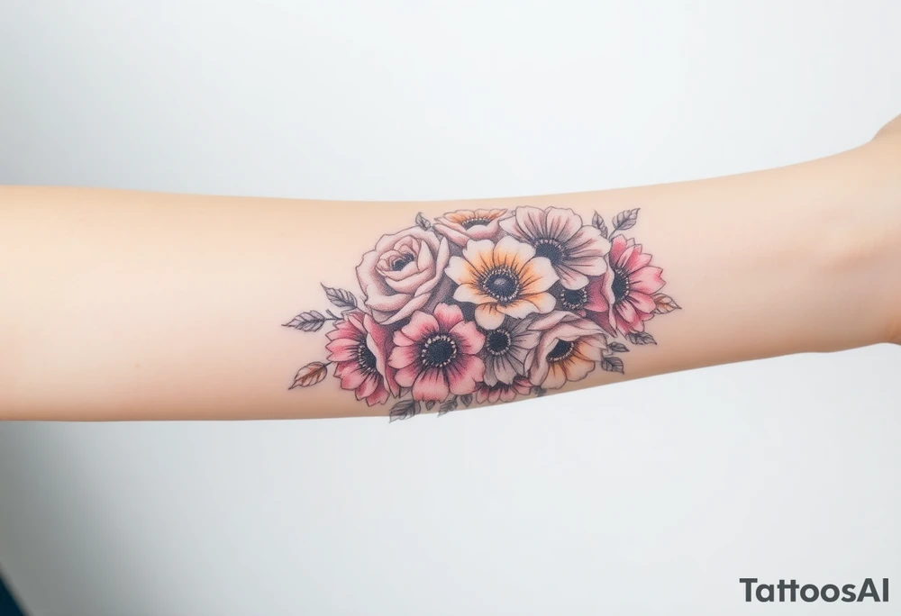 Bouquet of roses, carnations, marigolds, asters and poppies tattoo idea