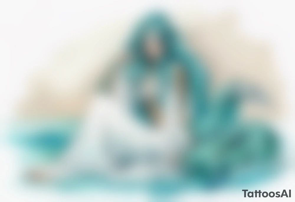 A beautiful undine with turquois scales wearing a white robe, laying on the shore tattoo idea