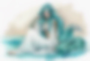 A beautiful undine with turquois scales wearing a white robe, laying on the shore tattoo idea