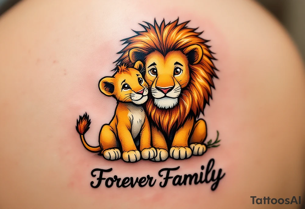 A cartoon-style lion and cub in warm gold and brown tones with “Forever Family” underneath. tattoo idea