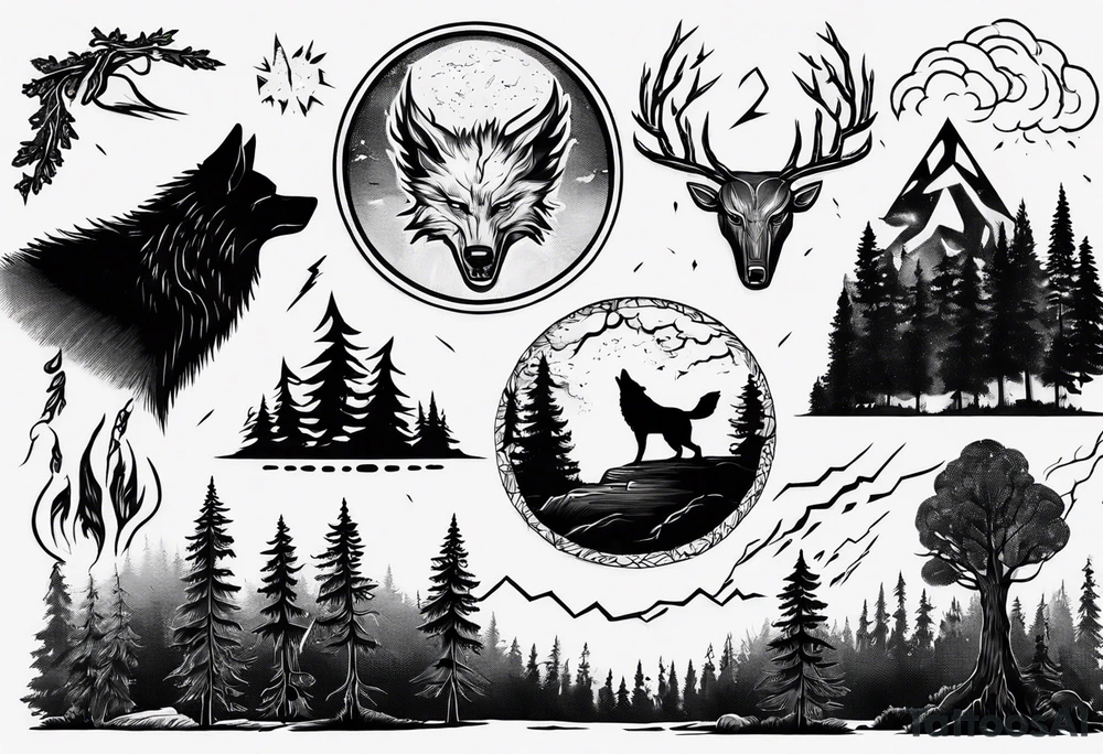 a thunder and lightning storm over a forest with a distant wolf howling and a drums tattoo idea a thunder and lightning storm over a forest with a distant wolf howling and a drums tattoo idea
