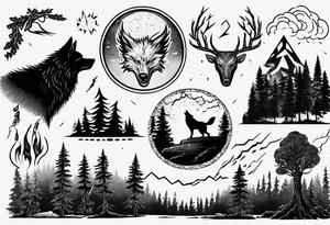 a thunder and lightning storm over a forest with a distant wolf howling and a drums tattoo idea