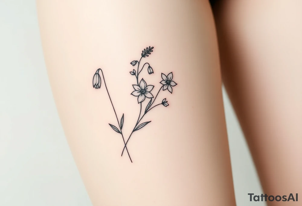Simple small design in black bunch of flowers individual stems 1 lily of the valley 1 daffodil 1 holly vine 1 larkspur tattoo idea