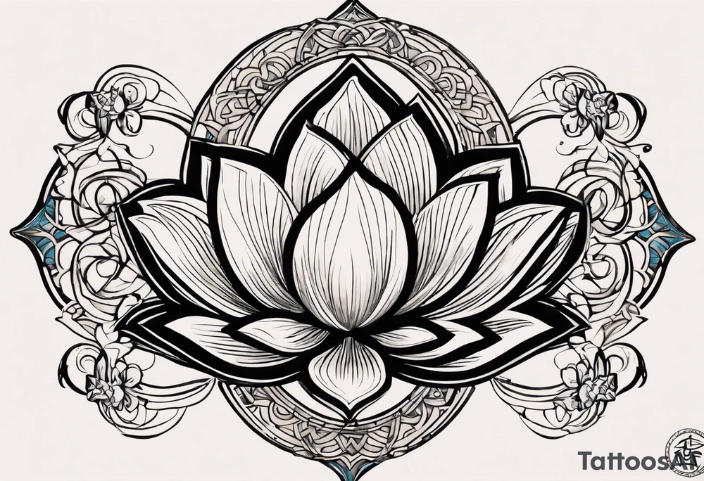 Make a strong looking combination of a lotus flower, stone, a science helix and a Greek delta that will take up the upper left portion of my back. you will in addition to the lotus’s leaves a rocky area to symbolize strength, a helix to symbolize resiliency and a Greek delta to symbolize transformation. The tattoo should overall represent resiliency and strength and present a strong, firm foundation that displays strength in the face of trauma. Make sure to also be able to identify the rock, the helix and the delta symbol separately and not mixed together as each element is important tattoo idea