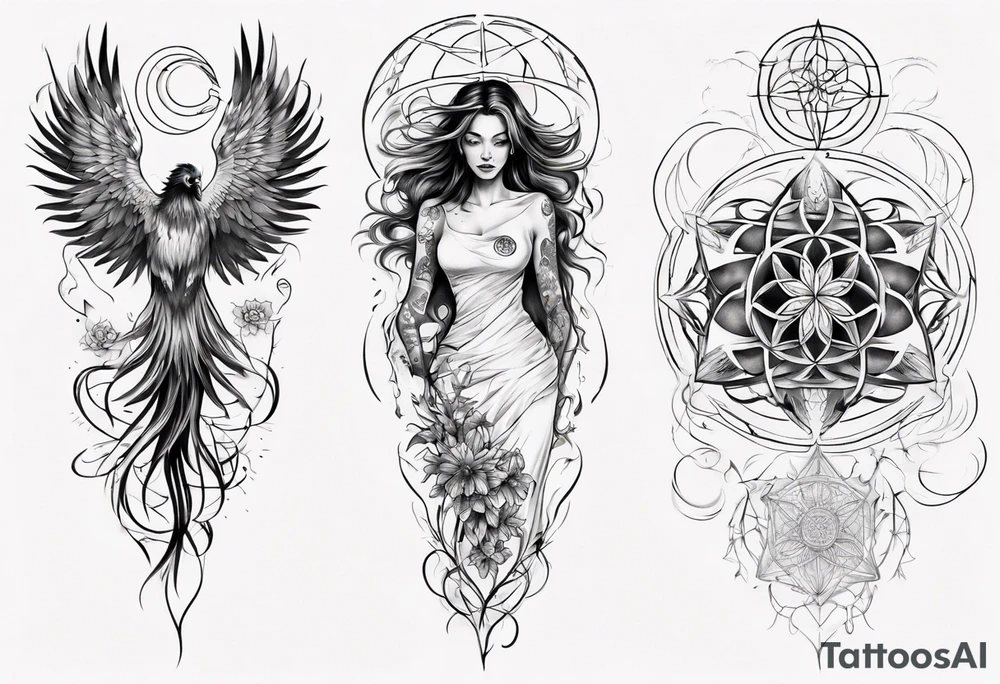 Sleeve tattoo on a woman's arm. Phoenix and Flower of life and Metatron's cube tattoo idea