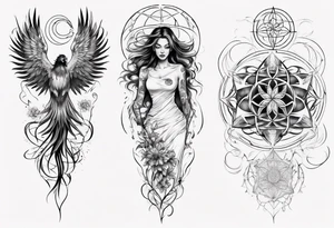 Sleeve tattoo on a woman's arm. Phoenix and Flower of life and Metatron's cube tattoo idea