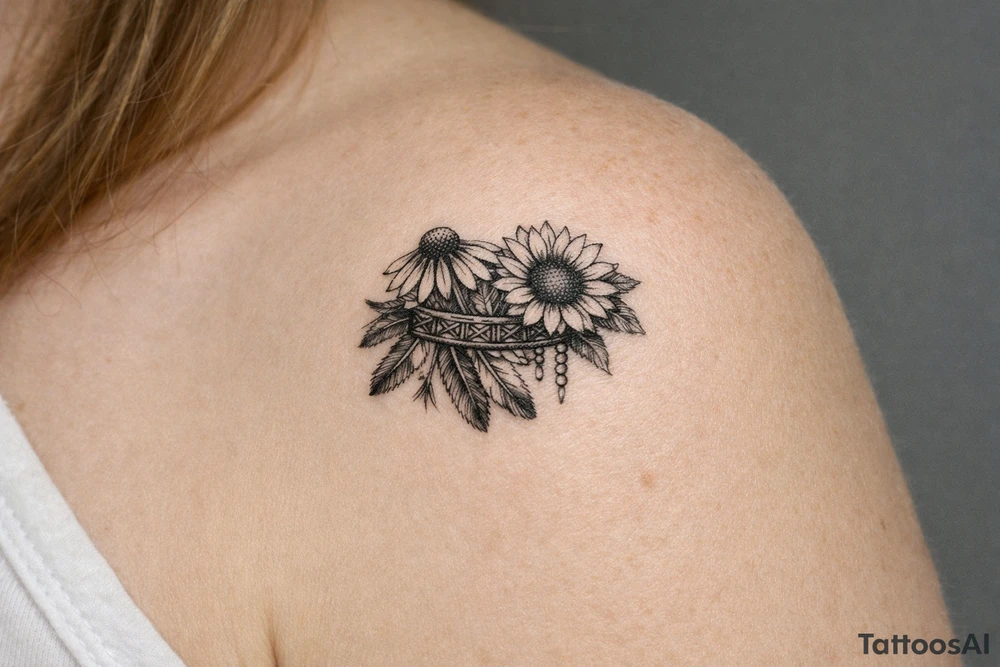 Coneflower and sunflower with feathers and female Indian headband ribbon tattoo idea