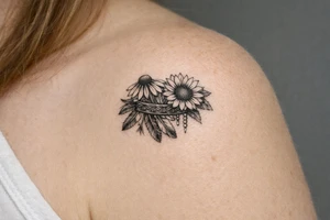 Coneflower and sunflower with feathers and female Indian headband ribbon tattoo idea