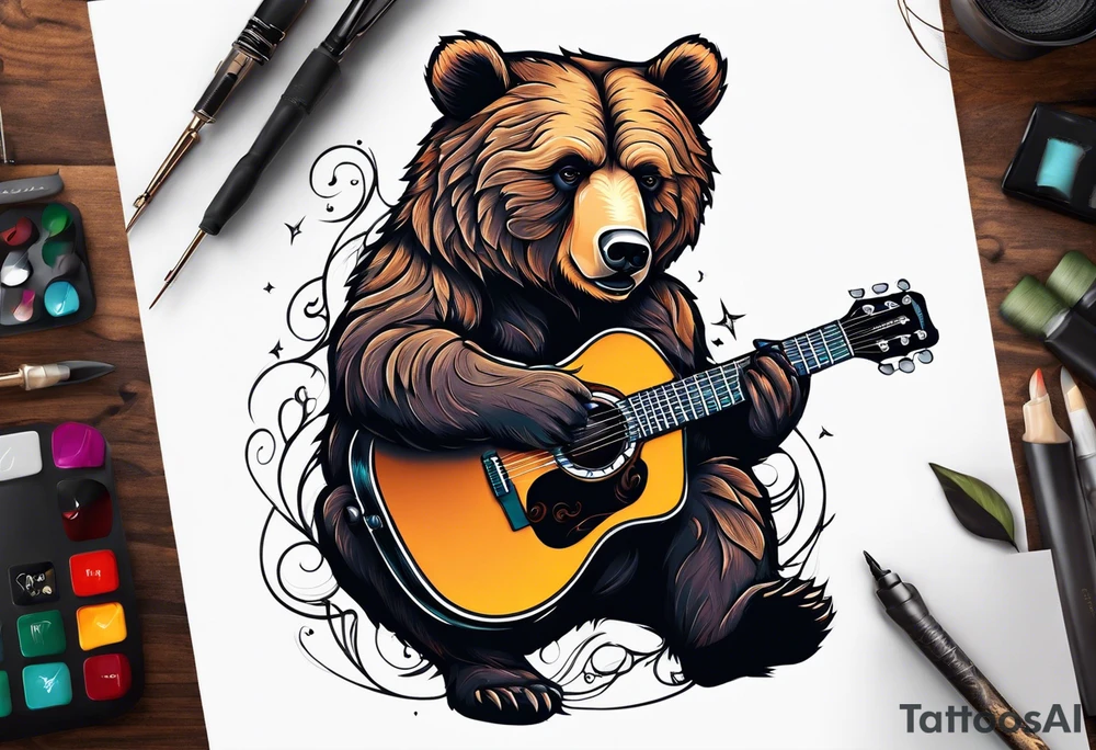 bear playing guitar tattoo idea
